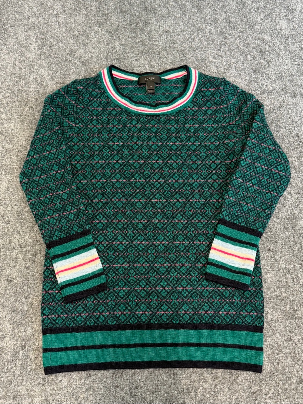J. Crew Green Geometric Crewneck Sweater with Striped Trim